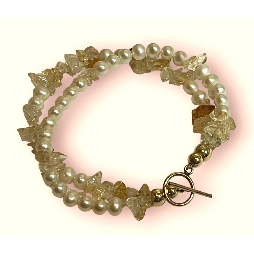 14K Gold Fill GEMSTONE CITRINE CHIP Freshwater Pearl Bracelet Toggle 7